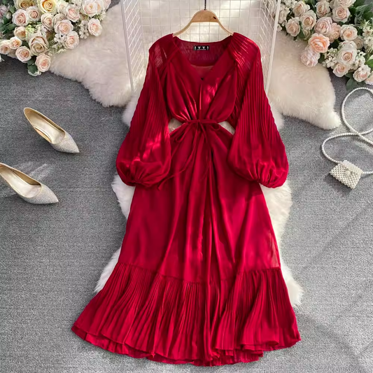 V Neck Lantern Long Sleeves A Line Ruffled Elegant Dress 1532