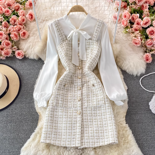 Autumn Elegant Bow Knot Shirt Plaid Suspender Dress Two Piece Set 1387