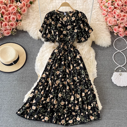 V Neck Floral Chiffon Dress Summer Fairy Big Swing Dress 1351