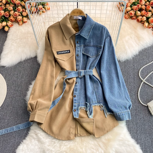 Denim Stitching Dress Autumn and Winter Korean Style Irregular Mid Length Shirt 1407