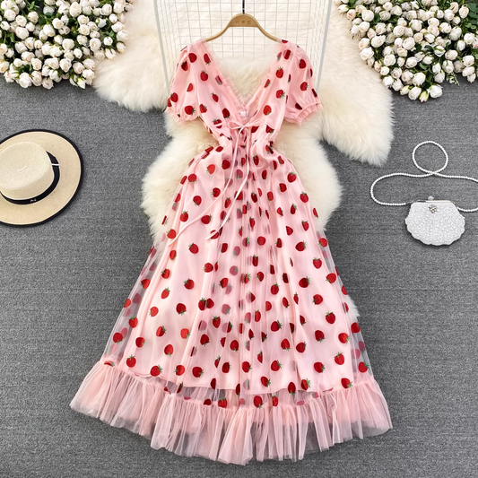 Summer Fairy Strawberry Sequin Print V Neck Mesh Dress 1488