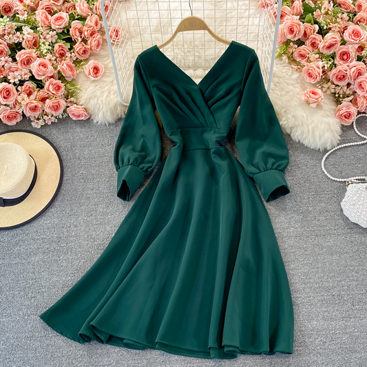 Autumn V Neck Elegant Long Sleeves Chiffon Dress 1525