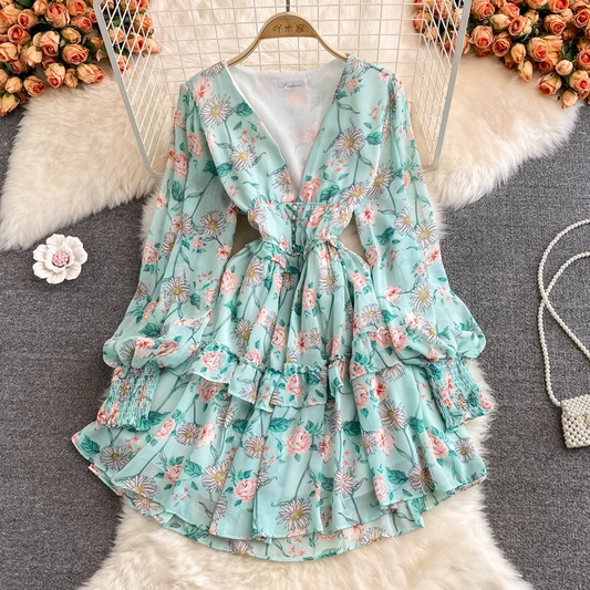 Autumn Fairy V Neck Ruffled Floral Chiffon Dress 1391