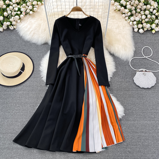 Spring and Autumn Elegant Stitching Gradient Pleated Dress 1445