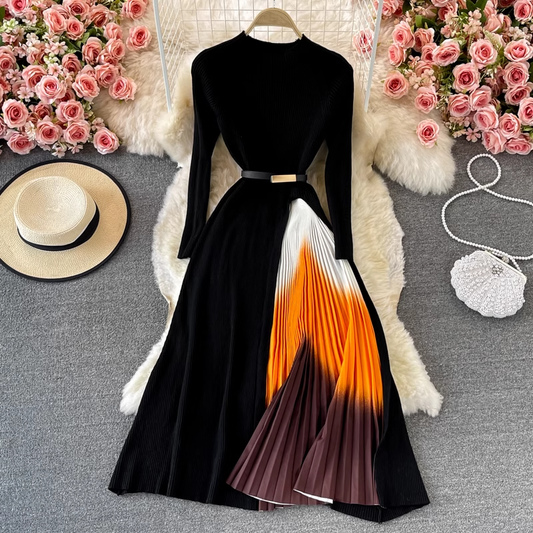 Black Long Sleeves Knitted Pleated Dress Autumn Elegant Big Swing Long Skirt 1377