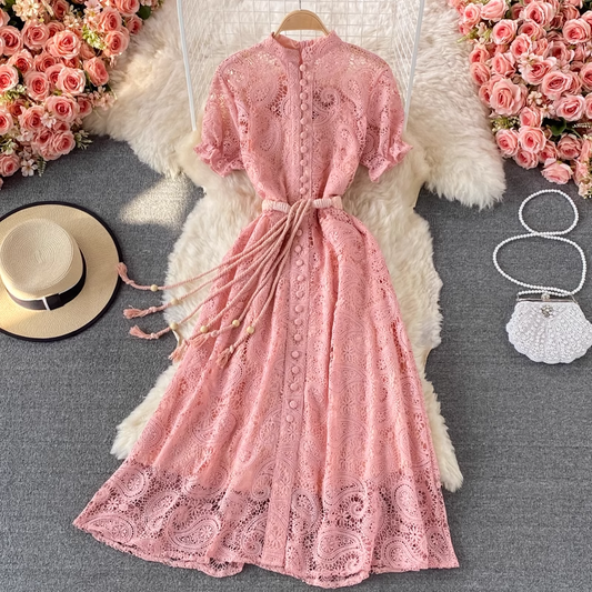 Retro Hollow Lace Dress Short Sleeves Elegant Long Dress 1355