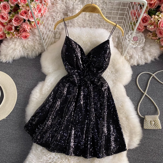 Summer Korean V Neck Short Sparkling Sequins Dress 1515