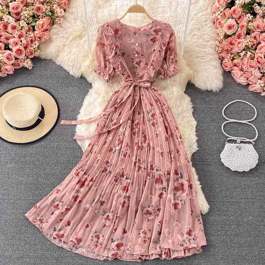 Summer V Neck Chiffon Long Pleated Floral Dress 1348