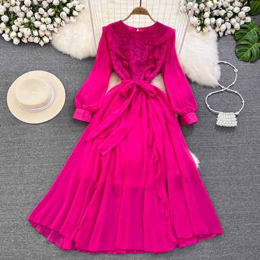 Long Sleeved Round Neck Lace A Line Ruffled Dress Elegant Long Skirt 1540