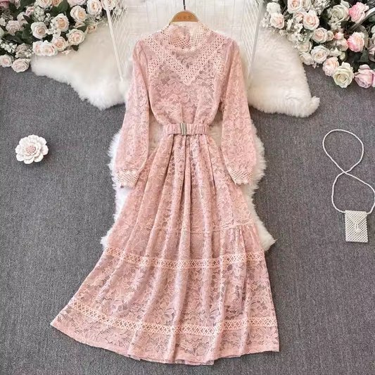 Spring and Autumn Korean Style Chic Lace Long Sleeved Stand Collar Dress 1418