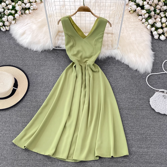 Summer V Neck Sleeveless Sundress  A Line Dress 1455