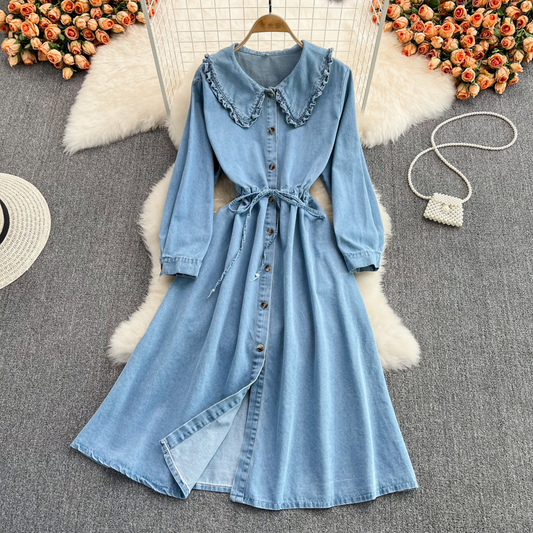 Vintage Sweet Doll Collar Denim Dress Elegant Autumn Long Skirt 1421