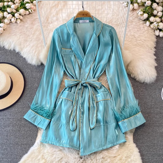 Spring and Autumn Satin Cardigan Women Mid Length Loose Shirt Dress 1404