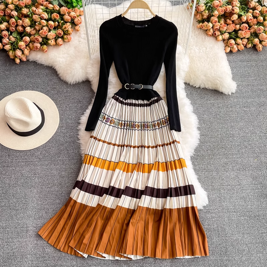 Autumn Knitted Long Sleeved Pleated Dress 1389