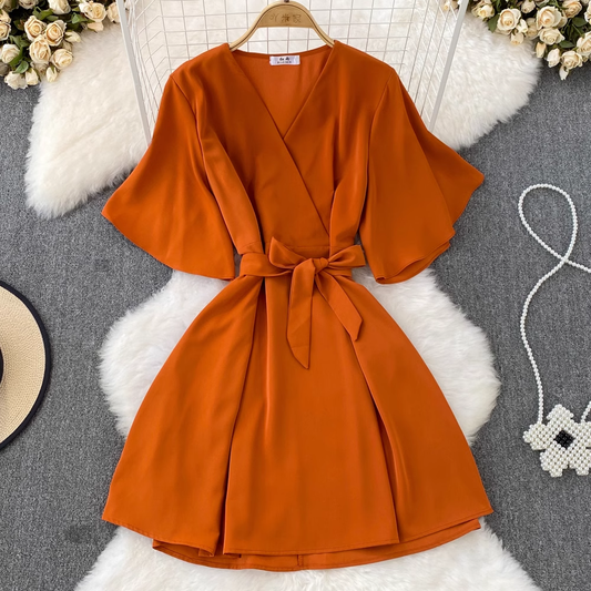 Summer Korean Style Retro V Neck Bow Tie A Line Dress 1517