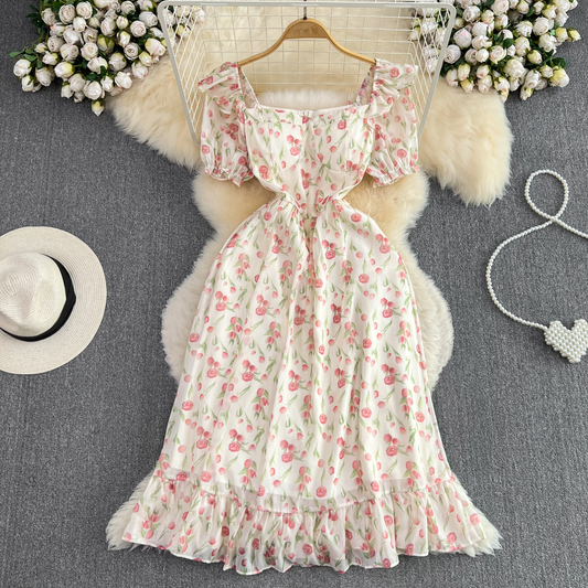 Summer Sweet Square Collar Mid Length Flora A Line Chiffon Dress for Girl 1475