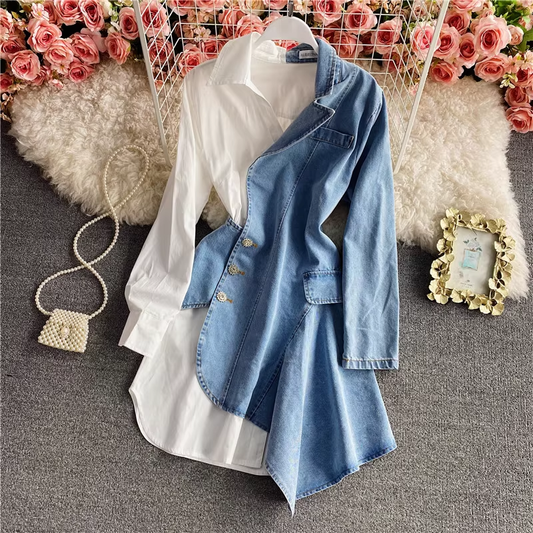 Spring Irregular Denim Stitching Long Sleeves Shirt Dress Polo Skirt Suit Shirt Skirt 1473