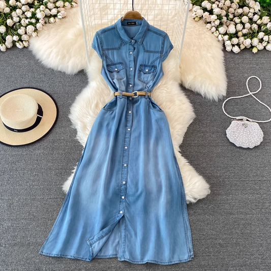 Summer Retro Sleeveless Denim Dress A Line Shirt Long Skirt 1459