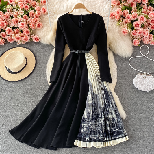 Autumn V Neck Long Sleeves Ink Painting Pleated A Line Dress 1380