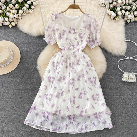 Summer Square Neck Floral Dress Mid Length A Line Chiffon Dress 1486