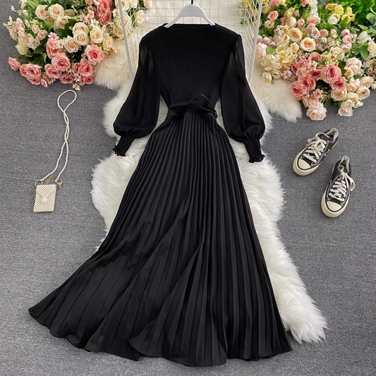 Spring and Autumn Round Neck Long Sleeve Chiffon Pleated Dress 1460