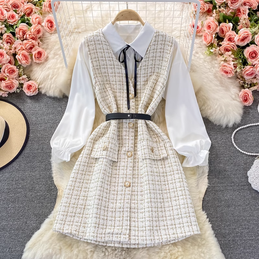 Autumn V Neck Long Sleeves Vest Shirt Elegant Two piece Set 1378