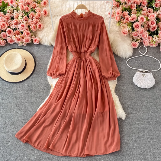 Chic Stand Collar Chiffon Dress Autumn Long Sleeves Long Skirt 1381