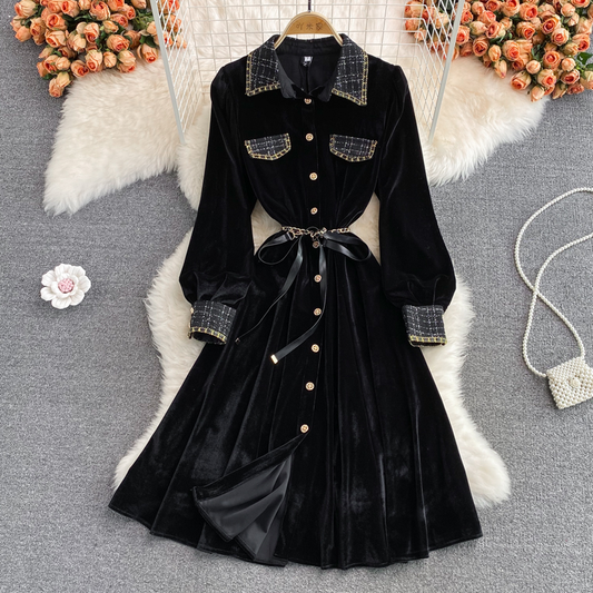 Autumn and Winter French Retro Velvet Elegant Dress 1397