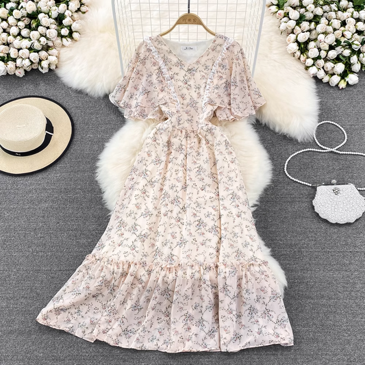 Fairy High Waist V Neck Ruffled Chiffon Floral Dress 1560