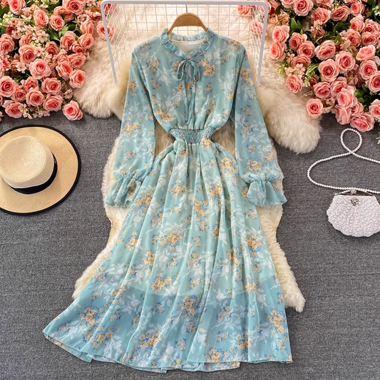 Spring and Autumn Floral Ruffled Dress Chiffon Long Dress 1529