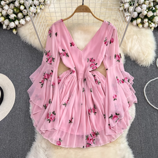 Spring and Summer V Neck Embroidered Flower Fluffy Sleeves A Line Short Dress 1504