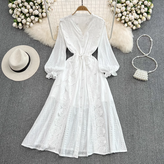 Fairy White V Neck Hollow Elegant Dress 1562