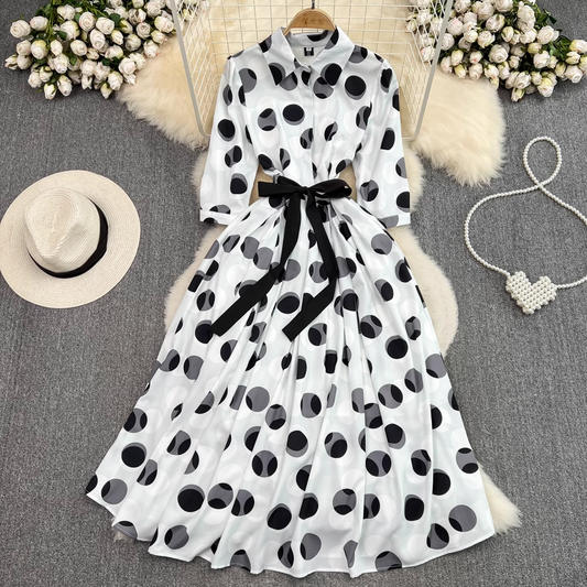 Summer Polka Dot Printed A Line Shirt Dress 1470