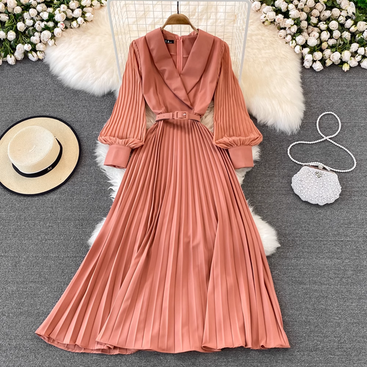 Spring Vintage Pleated V Neck Dress Long Sleeves Autumn Long Dress 1458