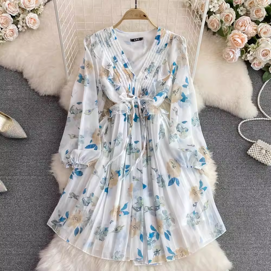 Autumn Retro V Neck Long Sleeves A Line Floral Chiffon Dress 1537