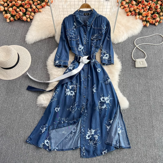 Spring and Autumn Printed Denim Mid Length Dress 1422