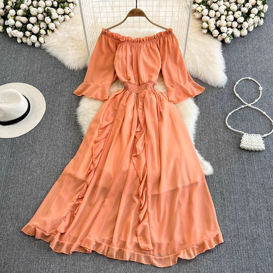 Fairy Off Shoulder Ruffled Chiffon Elegant Dress 1552