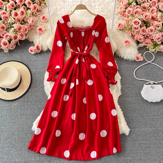 Spring and Autumn Korean Style Polka Dot Square Neck Dress 1477