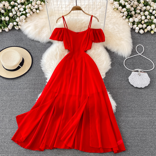 Red Strapless Chiffon Dress with Thin Shoulders 1442