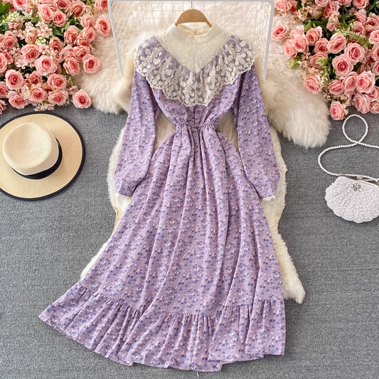 Autumn Stand Collar Lace Floral Dress Sweet Princess Dress 1383