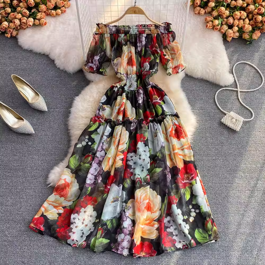 Off The Shoulder A Line Printed Chiffon Dress 1556