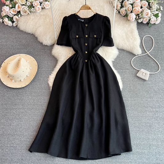 Summer Black Retro Short Sleeves Round Neck A Line Dress 1496