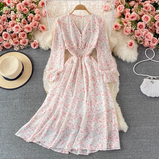 Women Summer V Neck Puff Sleeve Fairy Floral Chiffon Mid Length Skirt 1376