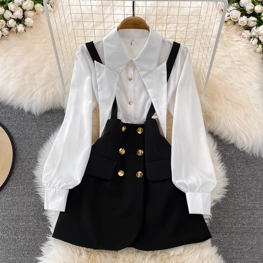 Spring and Autumn Loose Sweet Long Sleeves Shirt Suspender Skirt Two Pieces Set 1425