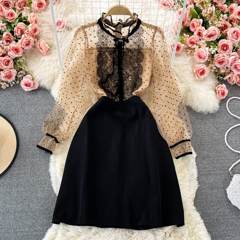 Autumn Bowknot Stand Collar Polka Dot Lace A Line Dress 1369