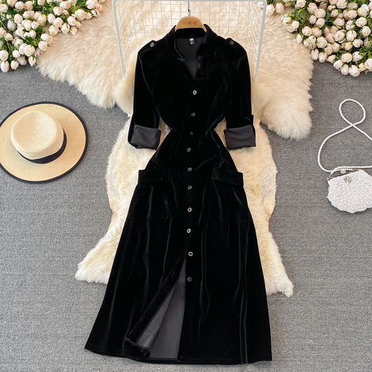 Retro Velvet Cardigan Dress Autumn and Winter Fashion Long Skirt Jacket 1403