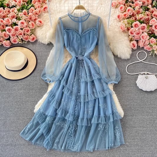 Fairy Long Sleeves Tulle Dress Autumn Sweet Layered Long Ruffles Skirt  1399