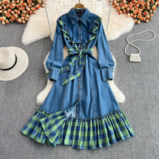 Autumn and Winter Plaid Ruffled Mid Length Denim Dress Women 1415