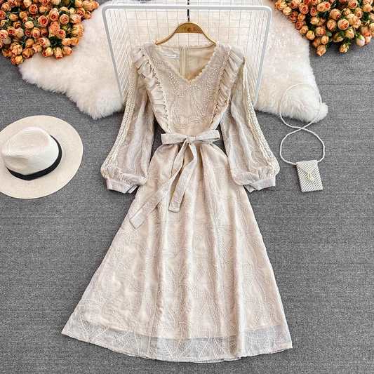 Spring Retro Ruffled V Neck Long Sleeves Beaded Lace Dress 1456