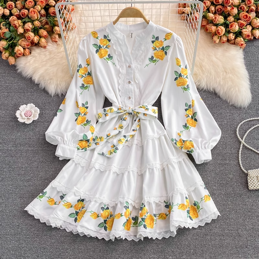 Retro Mid Length Puff Sleeves Lace V Neck Printed Dress 1388